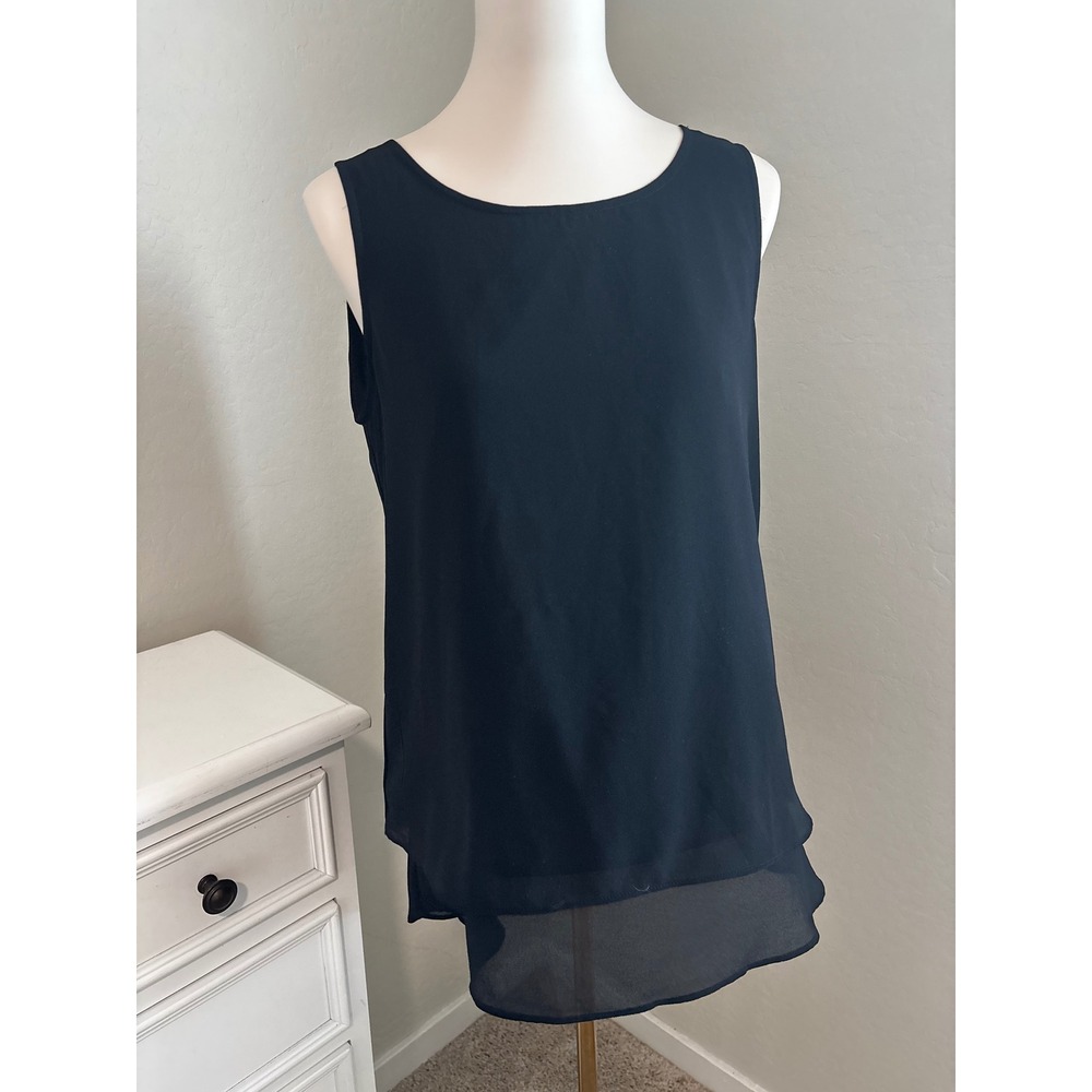 Jouica Womens Black Sleeveless Layered Chiffon Hem Blouse Top Size Medium